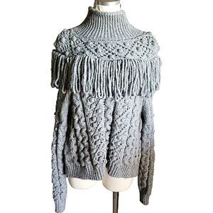 Zara Gray Chunky Cable Knit Sweater Cropped Fringe Boho Mock Neck Pullover Sz L